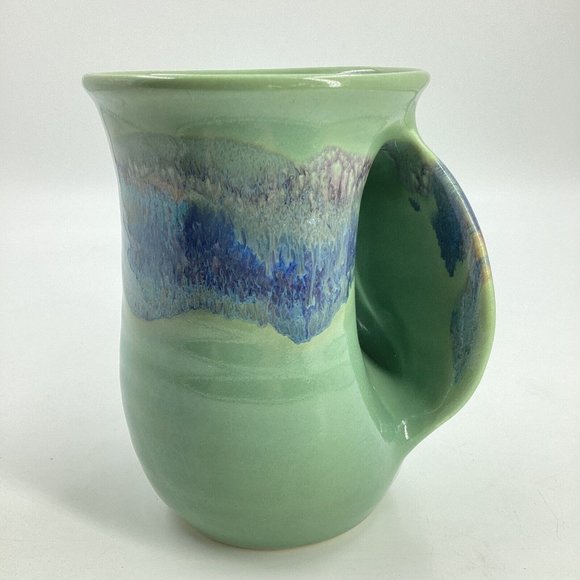 Neher Pottery Green Right Handed Hand Warmer Mug Clay in Motion 2015 Signed - Picture 1 of 10